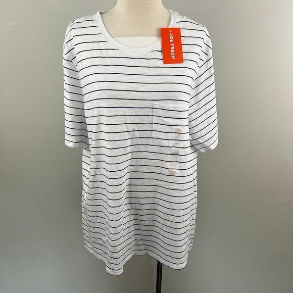 NWT JOE FRESH White Black Striped Crew Neck Tee (L)‎ - Picture 2 of 8